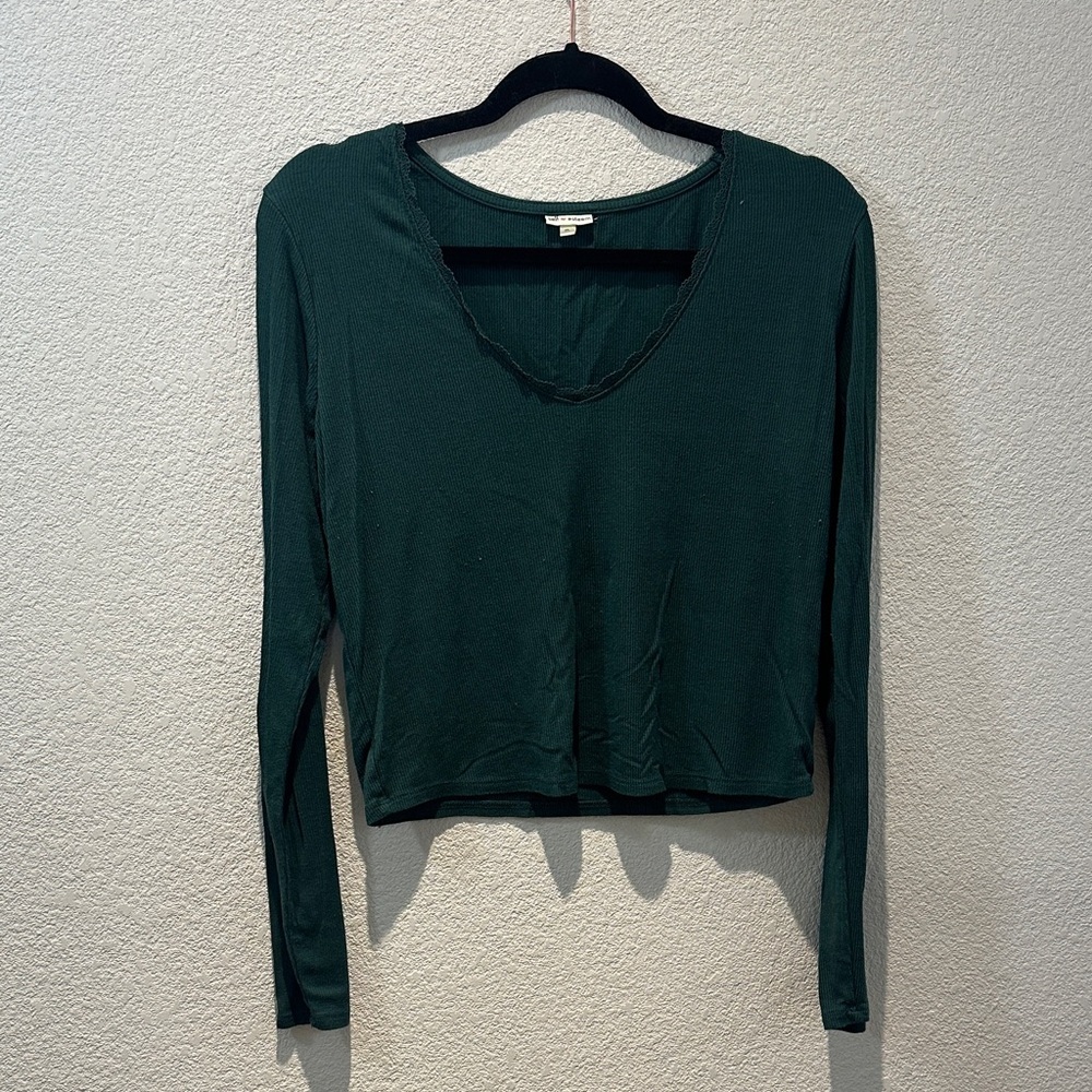 Self Esteem Deep Forest Green Scoop Neck Long Sleeve Crop Top Size XL